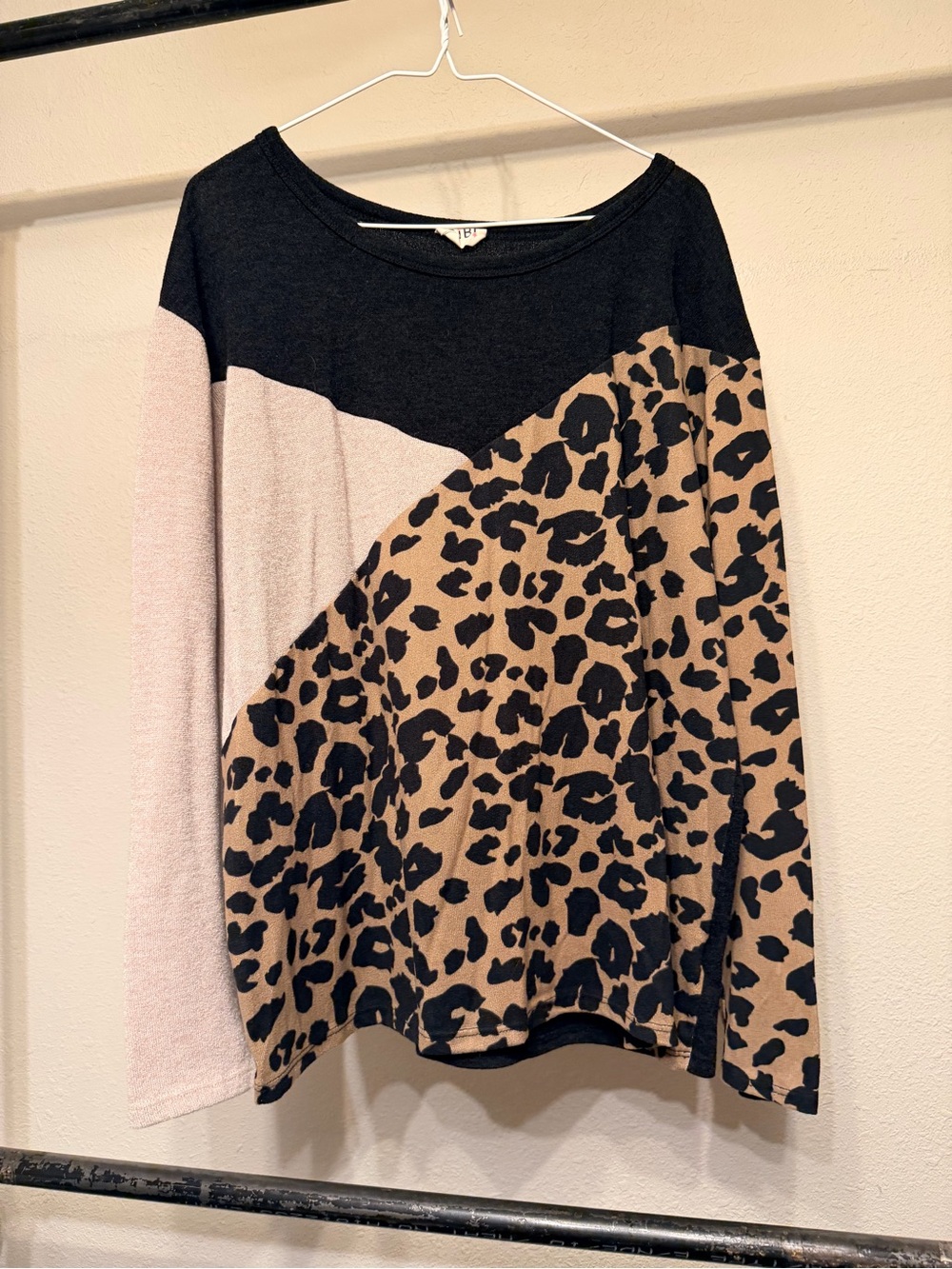 BiBi Colorblock Leopard Long Sleeve Top - Black, Tan & Light Pink